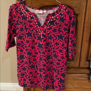 Quaker Factory Stylish Star Patterned Blouse With Rhinestone Collar Detail